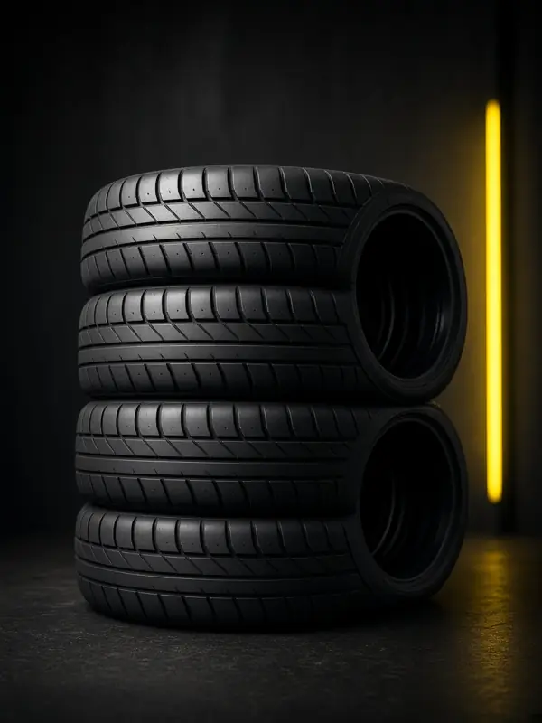 Pila de cubiertas nuevas iluminadas con luz amarilla